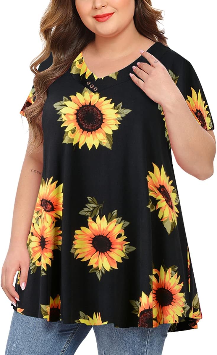 MONNURO Womens Plus Size Short Sleeve V Neck Button Basic Tunic Tops Summer Swin...