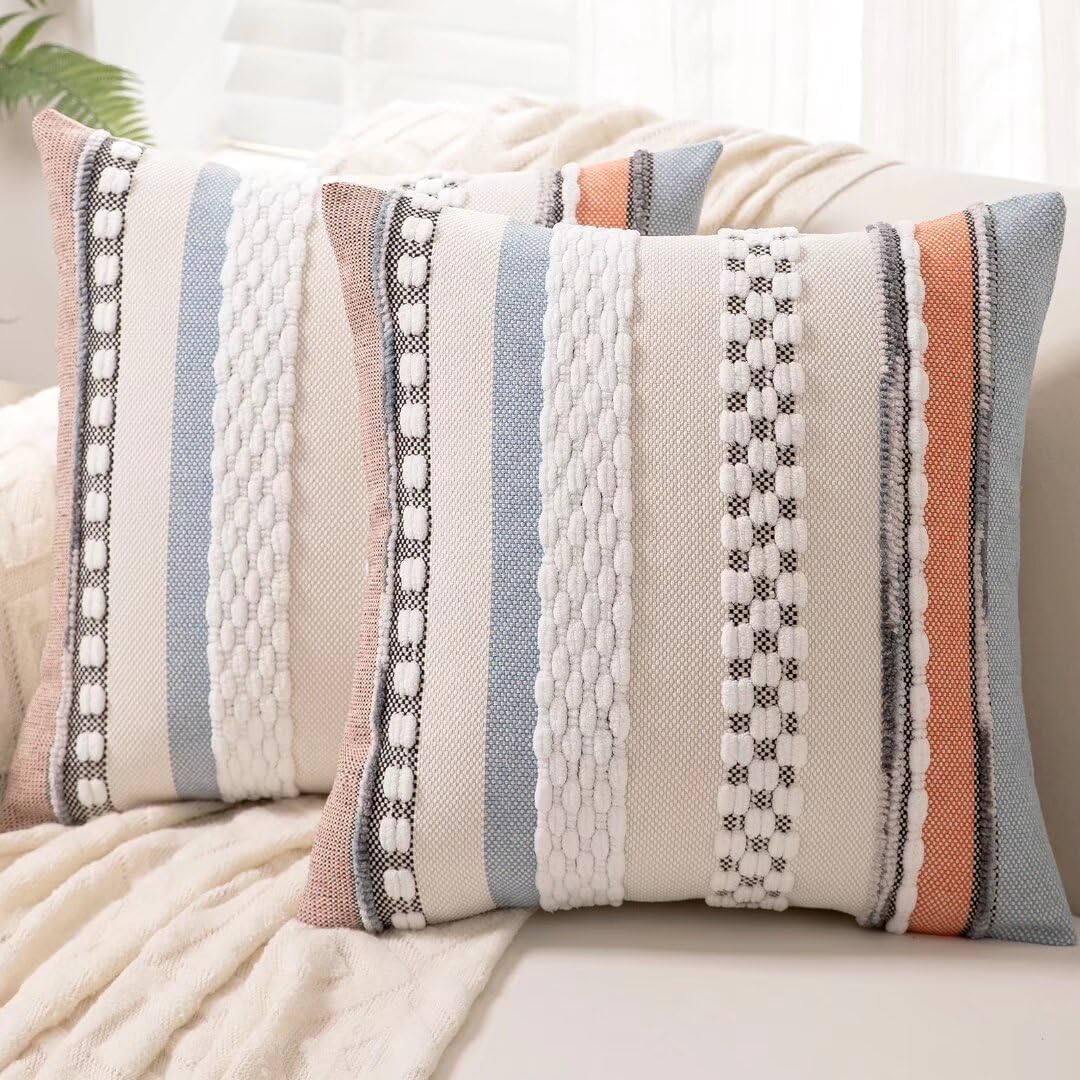 Boho Throw Pillow Covers 18x18 Set of 2 Farmhouse Decorative Cushion Case Stripe...