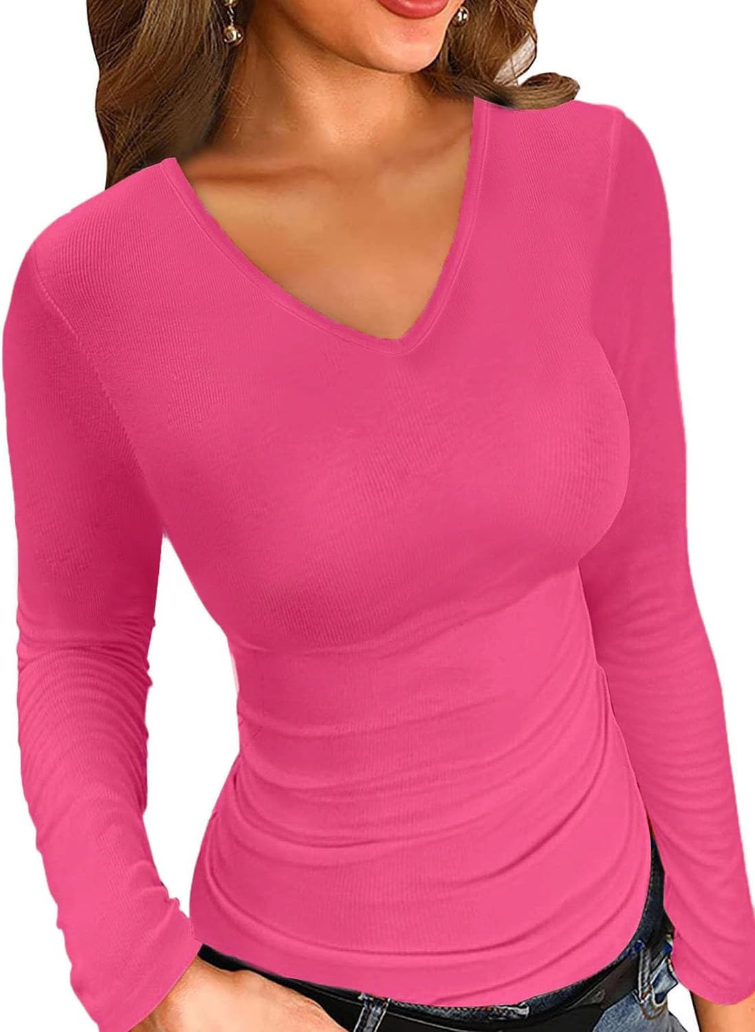 LOLONG T Shirts for Women Short/Long Sleeve V Neck Casual Ribbed Slim Fitted Top...
