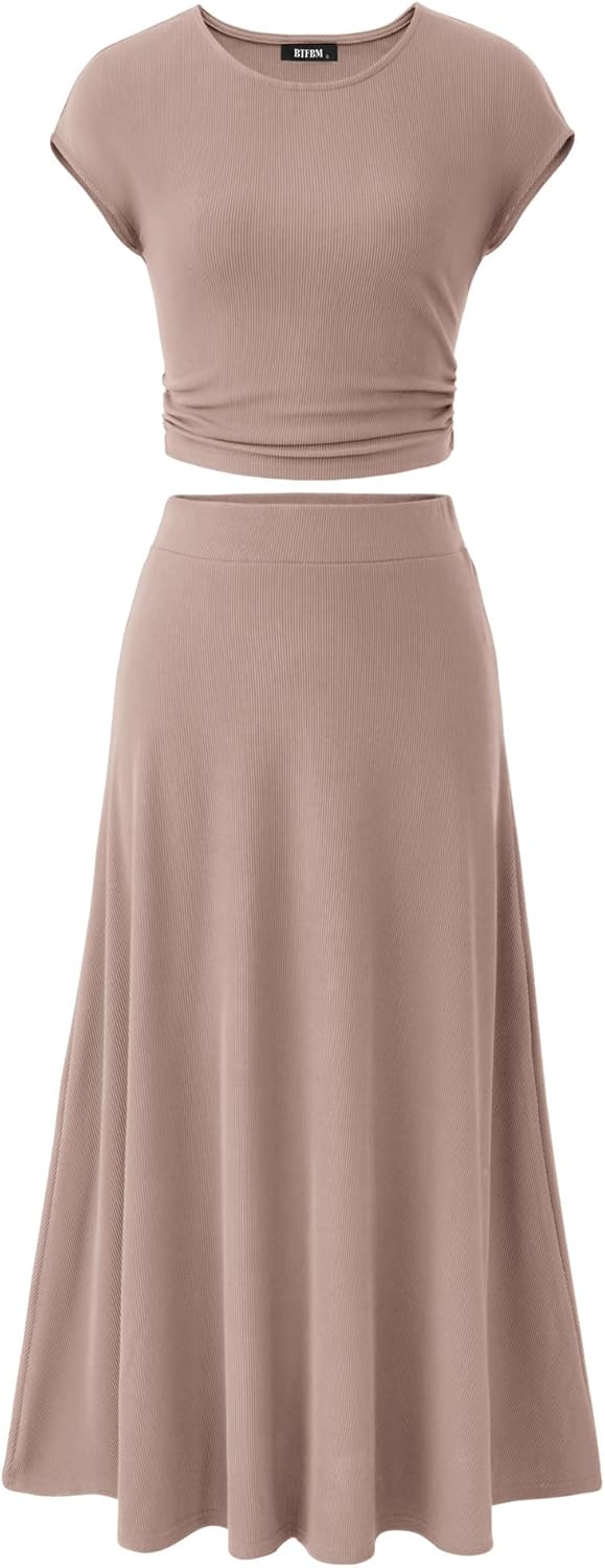 BTFBM Women Two Piece Skirt Set, Special Casual Ribbed Knit Outfit, Innovative W...