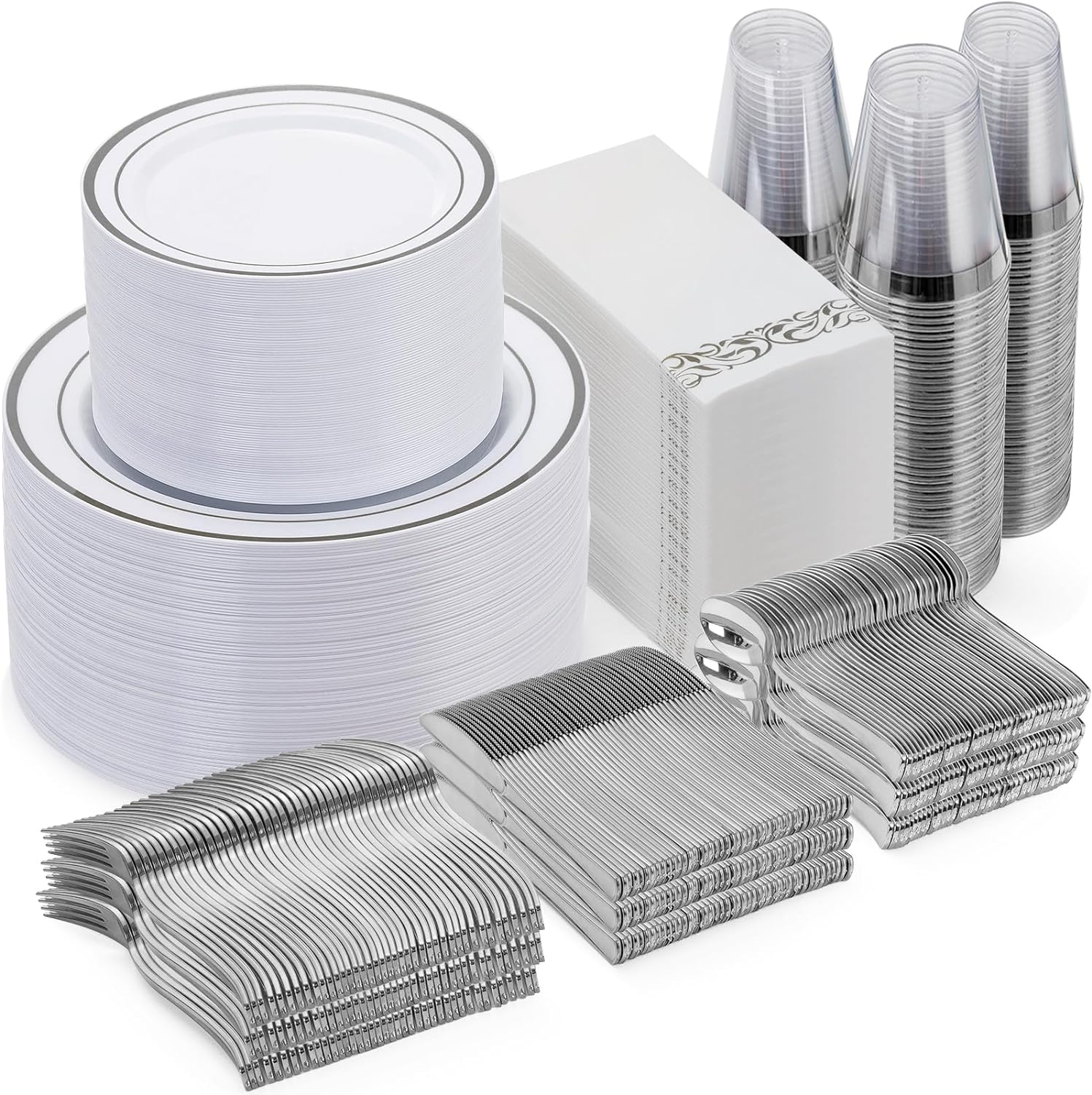 Goodluck 700 Piece Silver Dinnerware Set for 100 Guests, Disposable Plastic Plat...