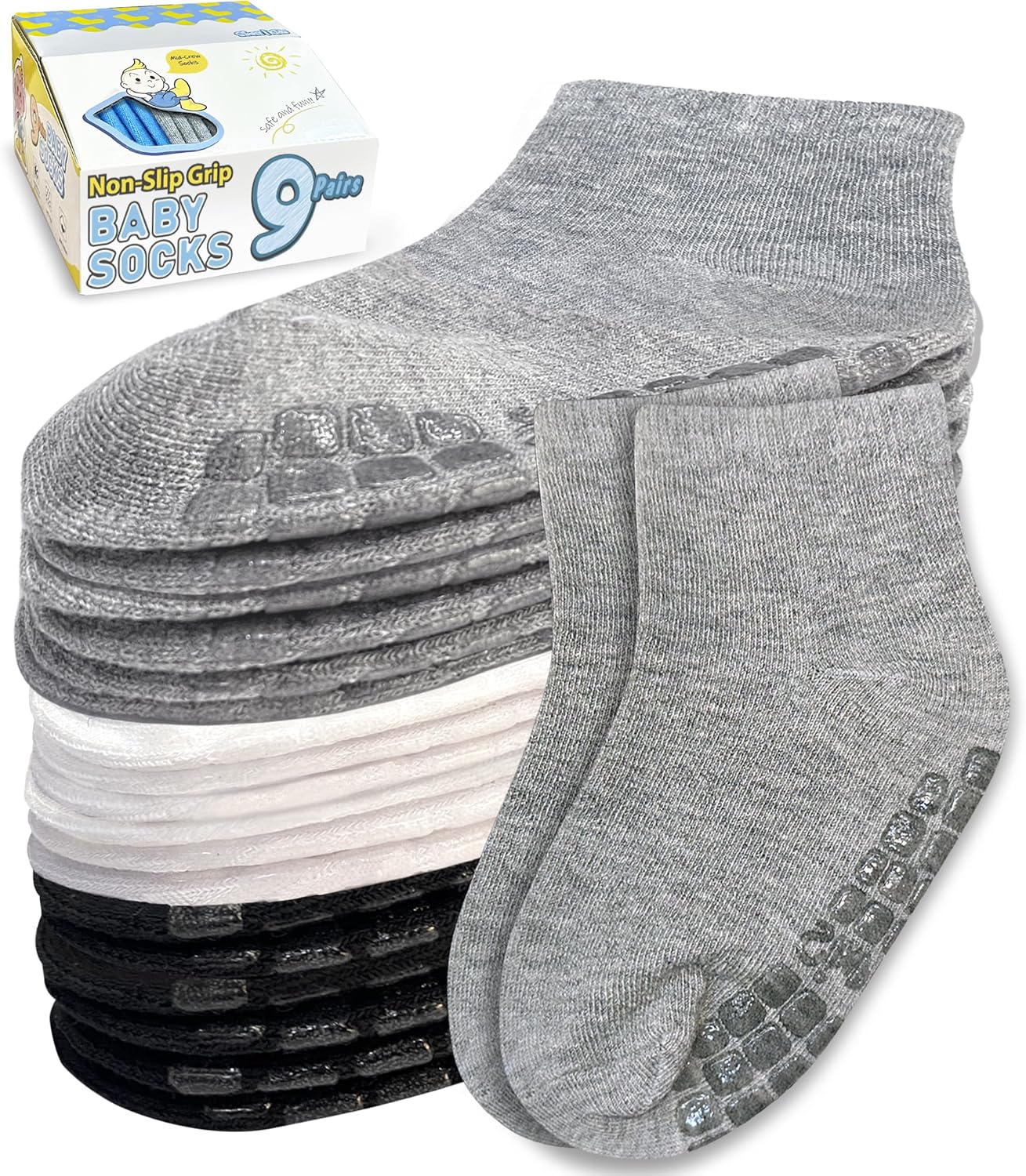 Simply Kids Baby Socks, Special Socks with Grips 9 Pairs, Innovative Mid-Crew So...