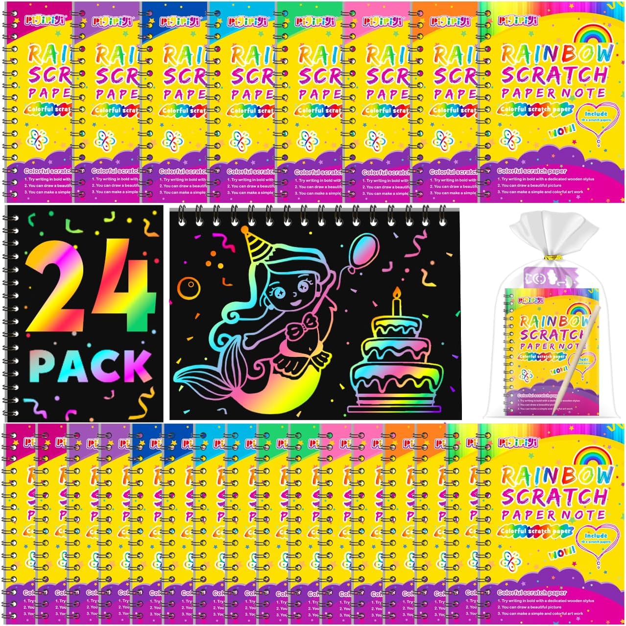 pigipigi Party Favor Toy for Kids: 24 Pack Rainbow Art Scratch Notebook, Colorfu...