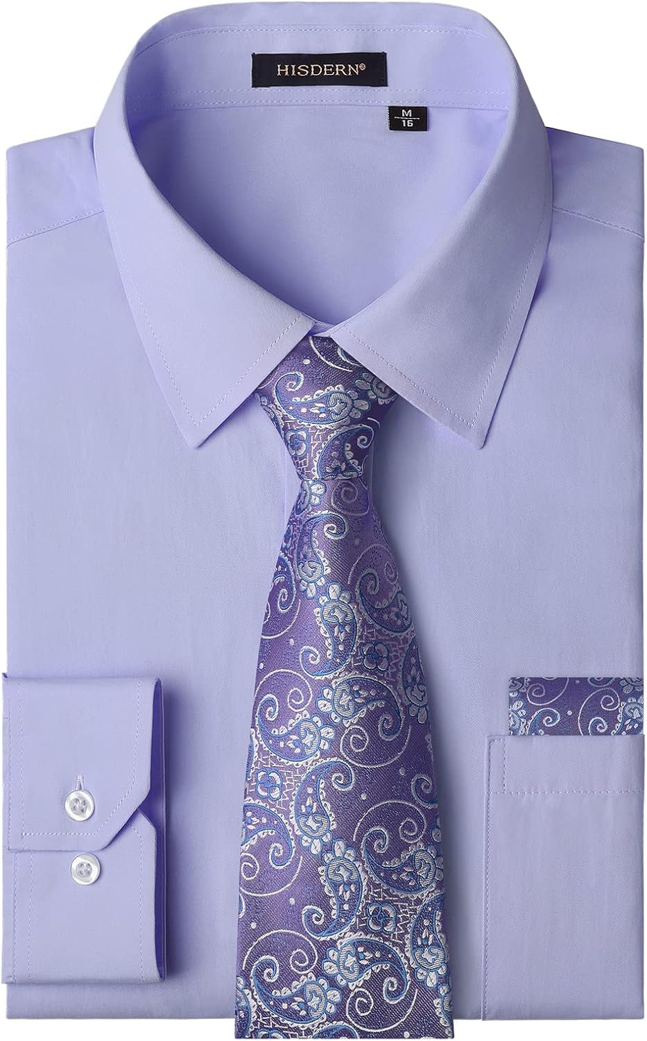 Men's Solid Long Sleeve Dress Shirt with Matching Tie and Handkerchief Set Class...