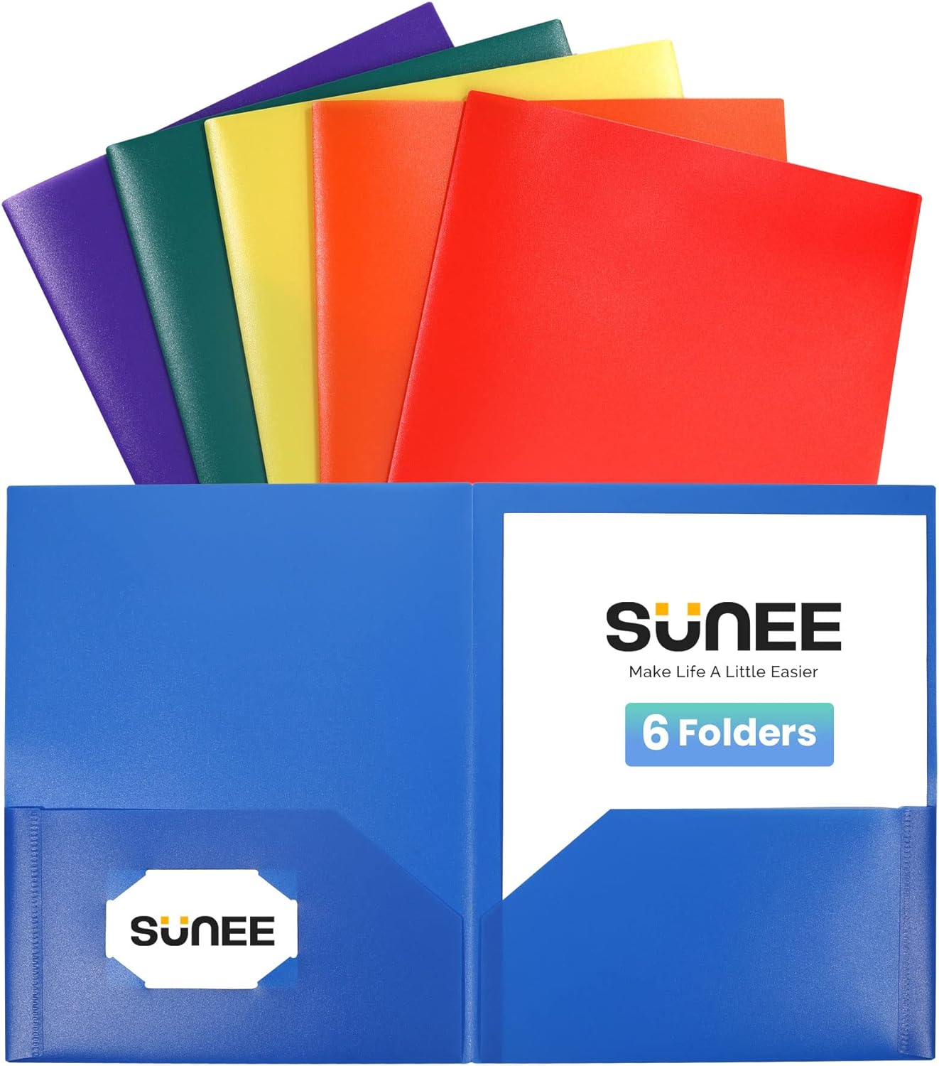 SUNEE Folders with Pockets (6 Pack, Assorted Colors), Plastic Folders with Pocke...