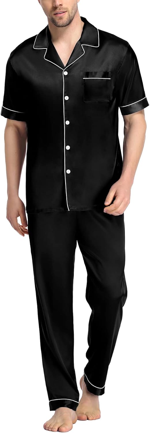 SWOMOG Mens Satin Silky Pajama Set, Special Sleepwear with Short Sleeve, Innovat...