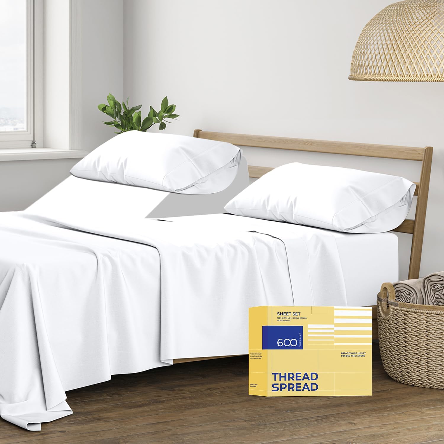 THREAD SPREAD Sheet Set, Special 100% Egyptian Cotton Split King Sheets for Adju...