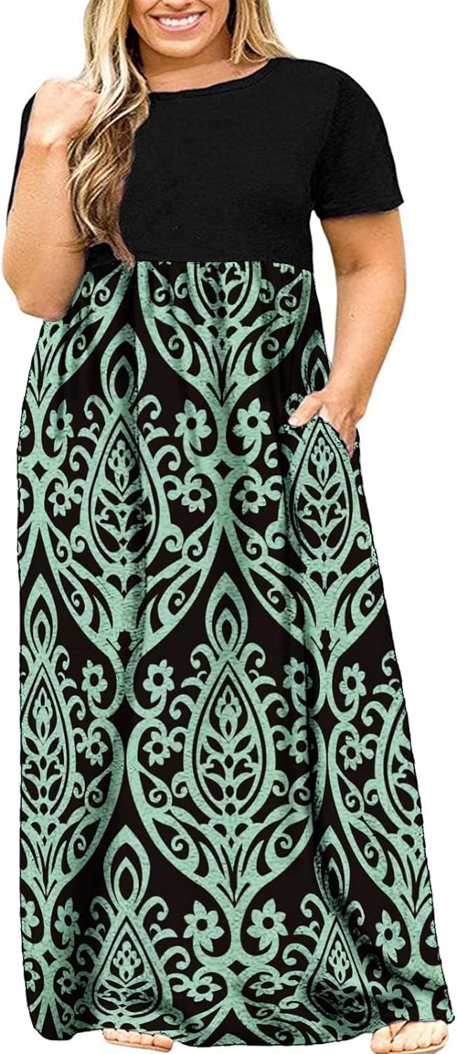 Kancystore Women's Short Sleeve Plus Size Maxi Dress with Pockets Loose Casual S...