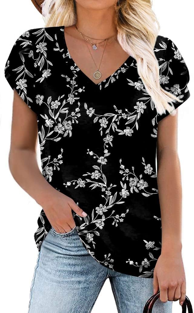 CATHY 2024 Womens Summer Tunics Tops Short Sleeve Casual T-Shirts V Neck Loose C...