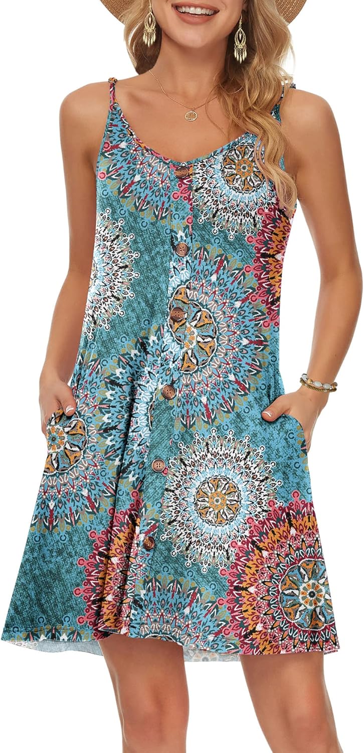 WNEEDU Womens Summer Dress Spaghetti Strap Dresses Beach Cover Ups Casual V Neck...