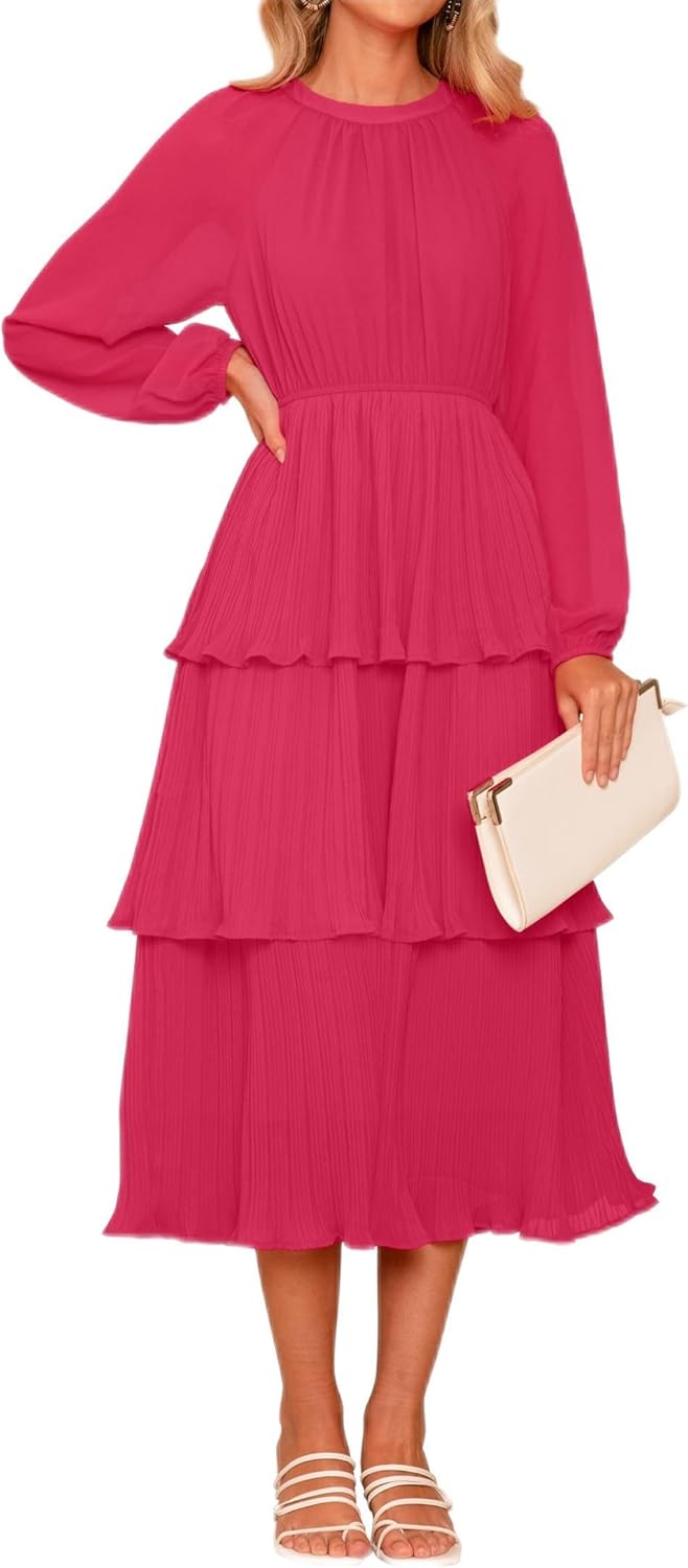 ZESICA Women's Dress, Special Long Sleeve Crew Neck Dress, Innovative Ruffle Tie...
