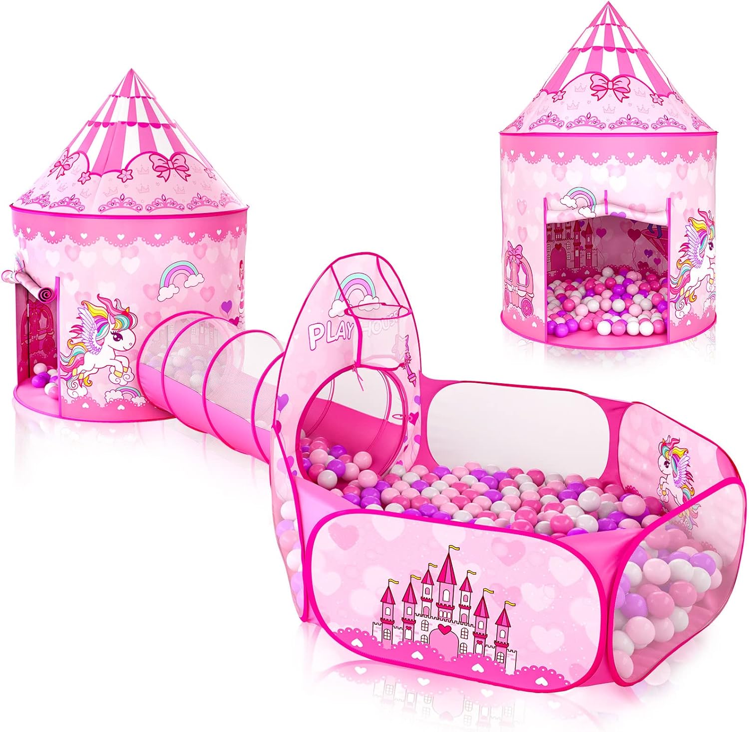 3pc Kids Play Tent for Girls with Ball Pit, Crawl Tunnel, Princess Tents for Tod...