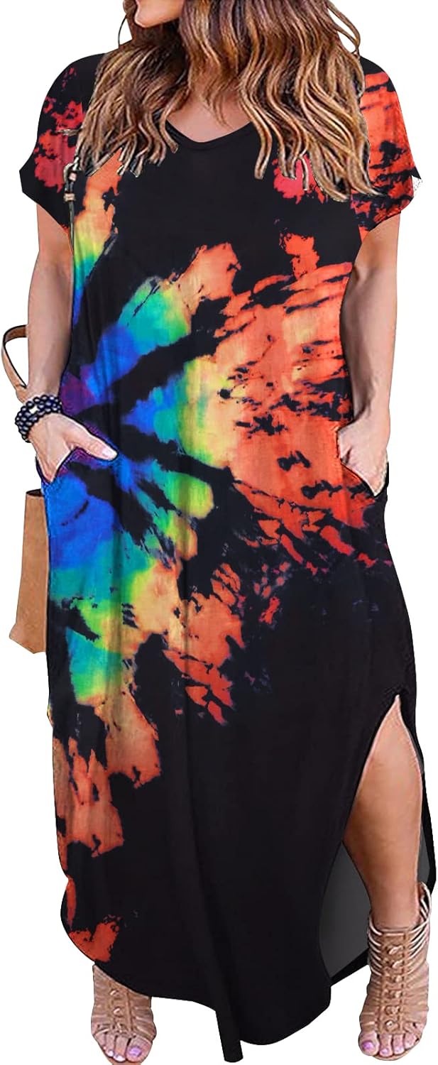 Kancystore Women's Plus Size Dresses Casual Loose Pocket Short Sleeve Slits Plus...