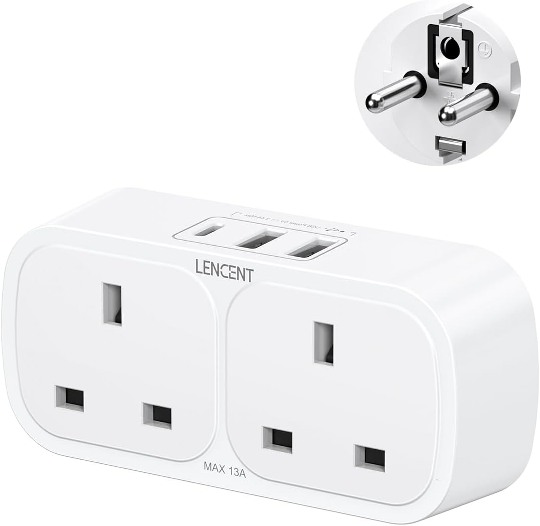 LENCENT UK to EU Euro European Plug Adapter with 1 Type C and 2 USB Ports, 2 Way...