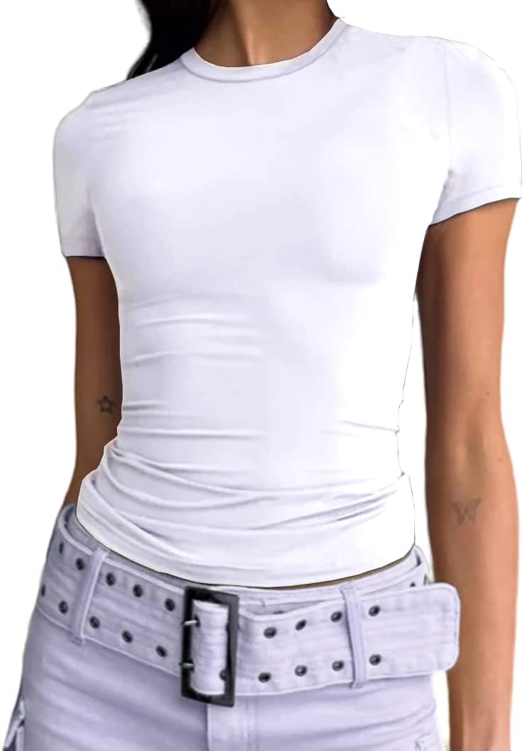 Dwnval Women Sexy Basic T Shirts Tops Summer Short Sleeve Crewneck Slim Fit Cute...