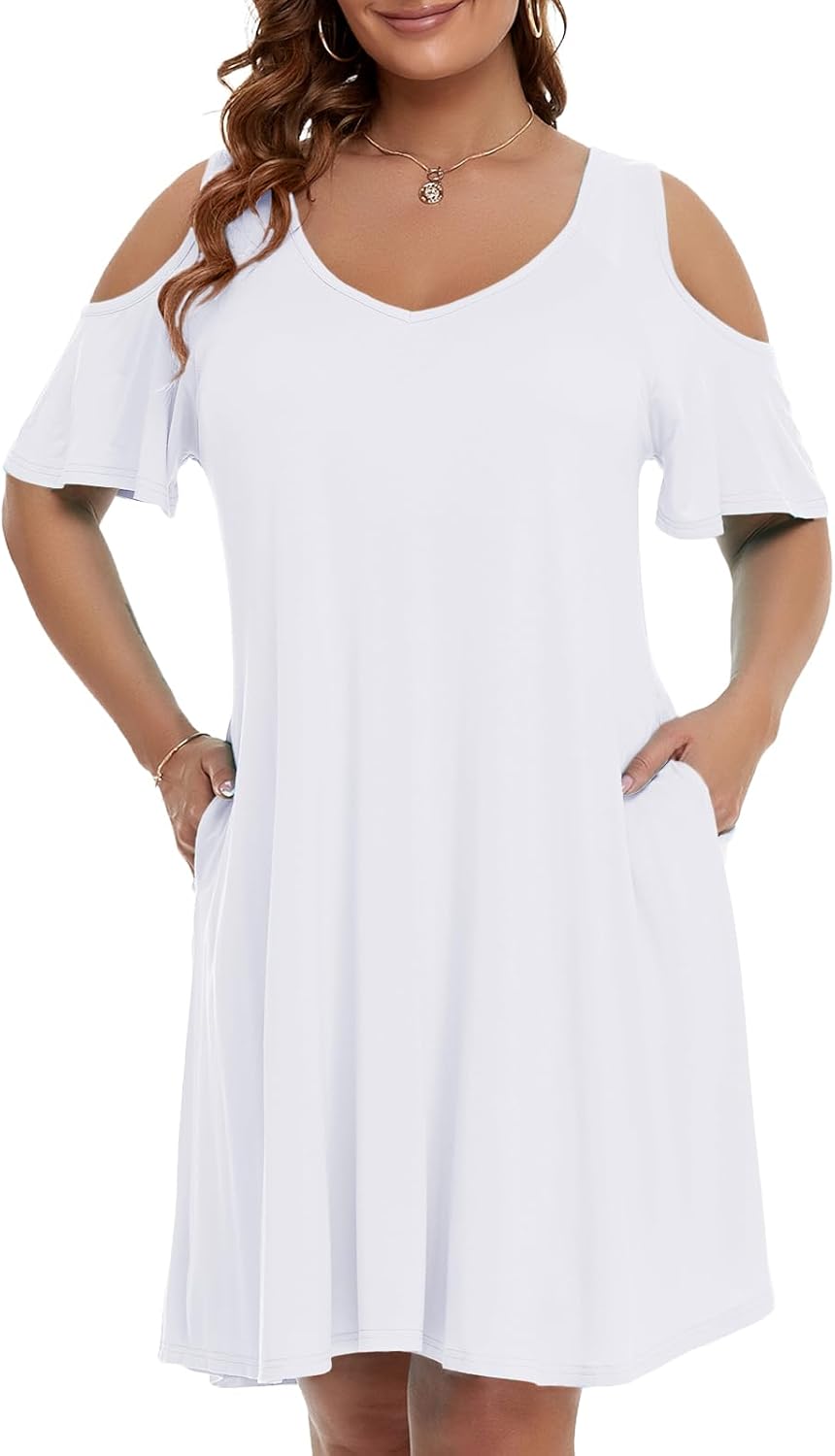 JollieLovin Womens Plus Size Short Sleeve Cold Shoulder V Neck T-Shirt Dress wit...