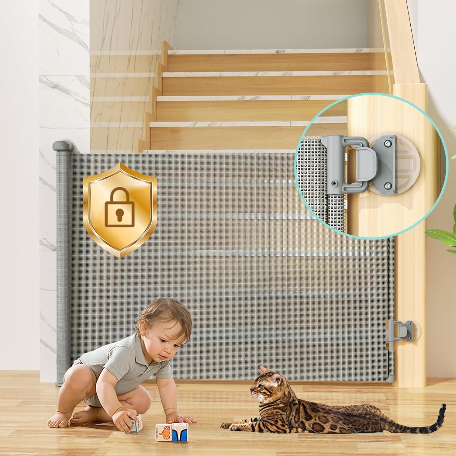Retractable Baby Gates No Drill for Stairs Doorways with Auto-Lock, 33" *55" Mes...