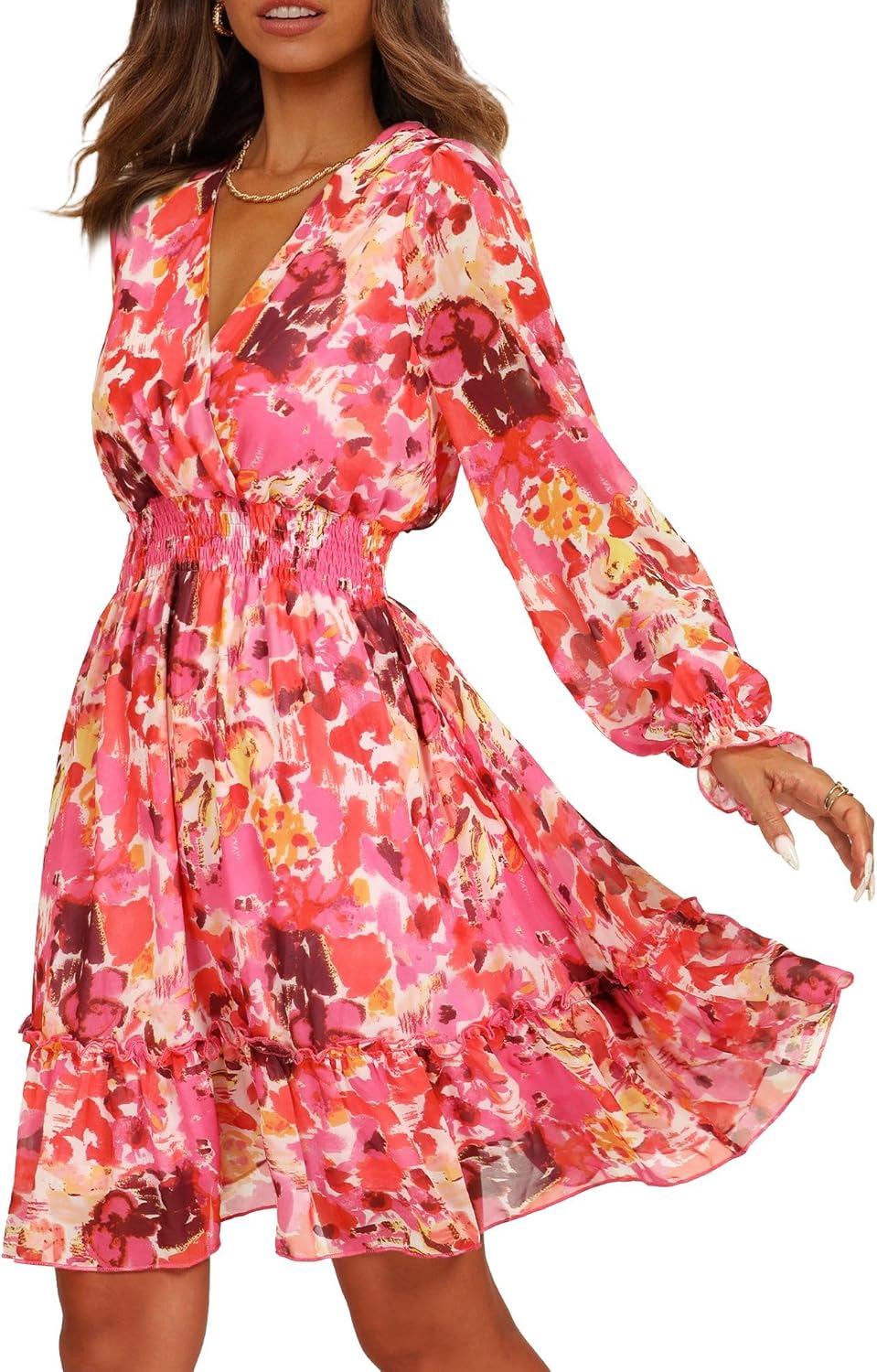 Prettywear Women's Floral Chiffon Long Sleeve Mini Dress Flowy A-Line Wrap Neck...