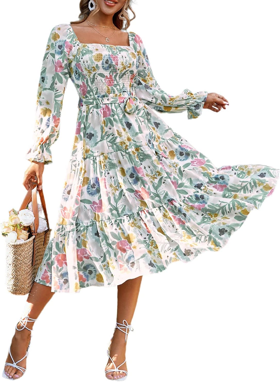 Amegoya Women's Dress, Special Boho Flowy Long Sleeve Square Neck Floral Midi Dr...