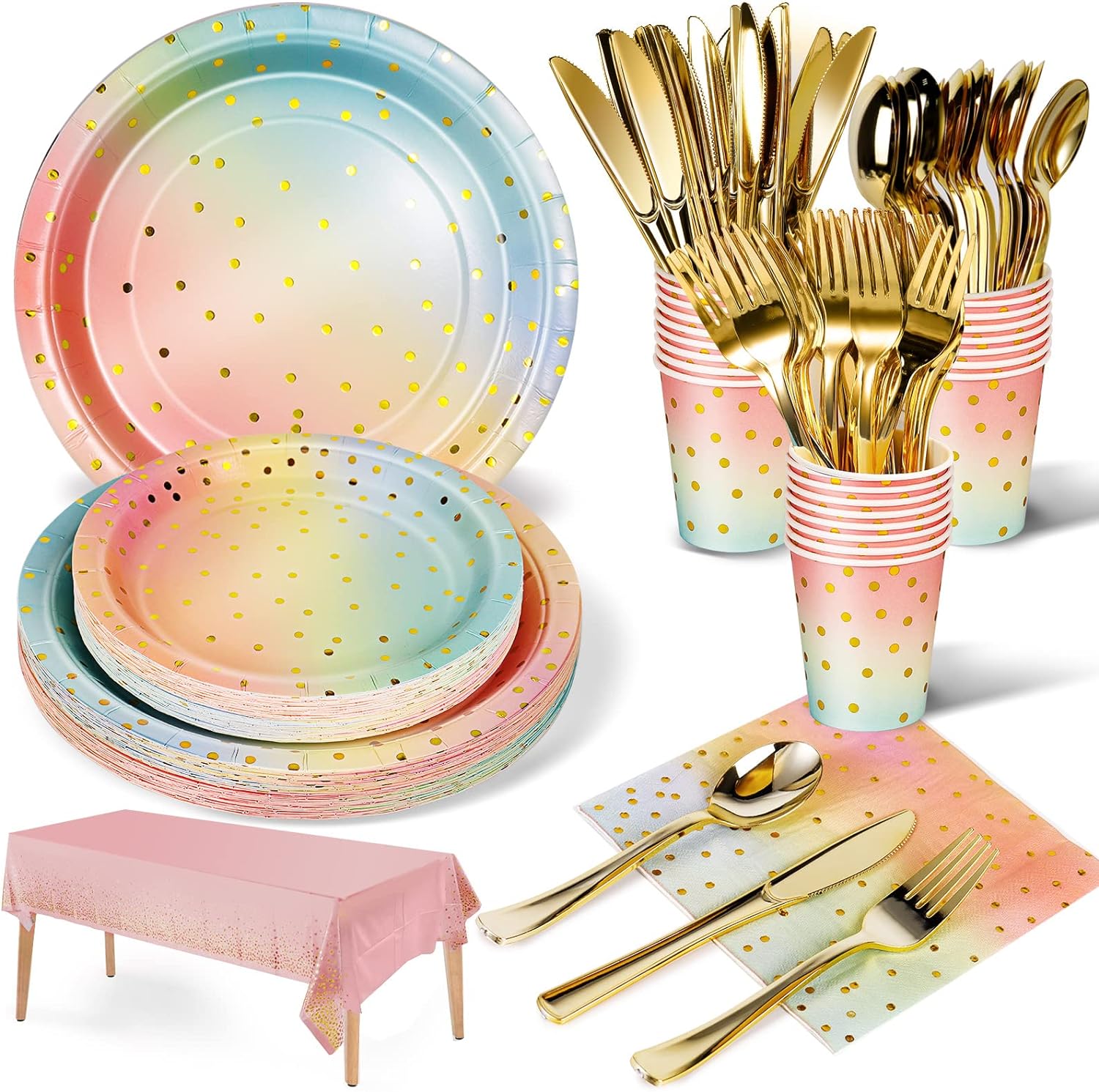 Nkaiso Rainbow Colors Party Tableware Set, Special 141 Pieces Paper Tableware Se...