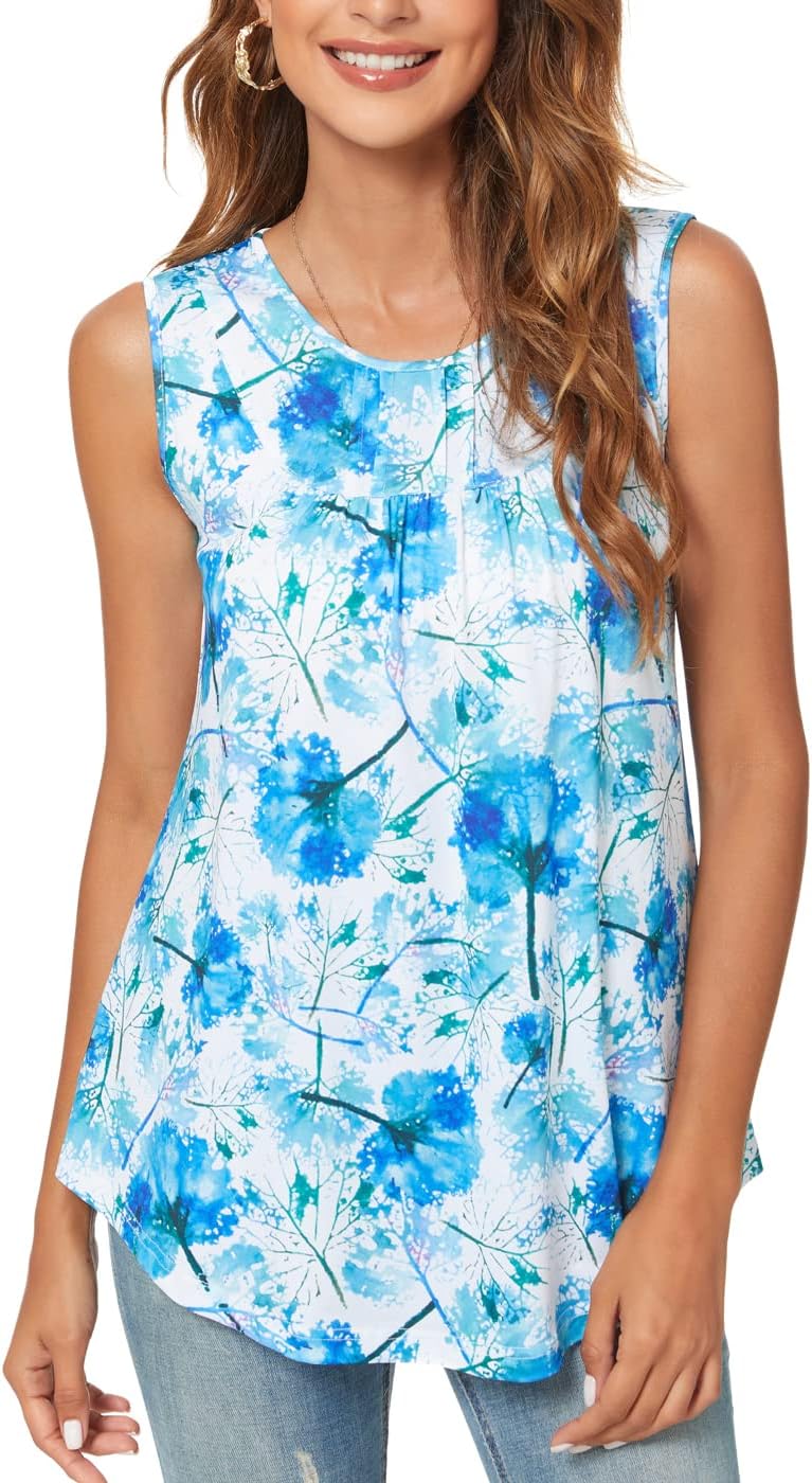 SUNNEGOO Women's Sleeveless Tank Tops, Special Printed Pleated Loose Blouse Shir...