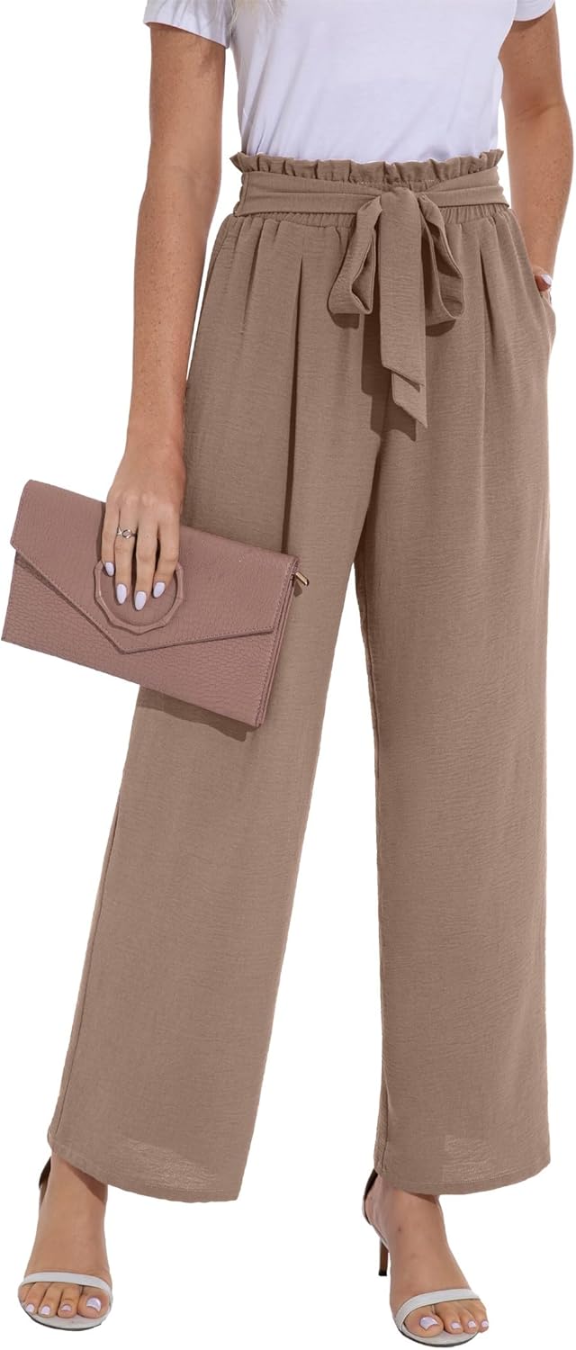 PrinStory Womens Wide Leg Trousers Lightweight Elasticated Waist Summer Pants wi...