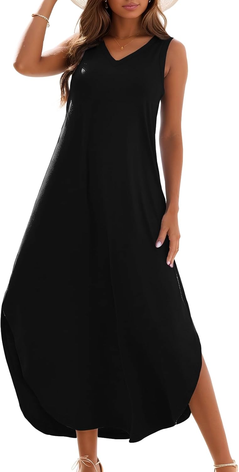 Zilcremo Women's Summer Casual Loose Sundress Long Dress Sleeveless V Neck Split...