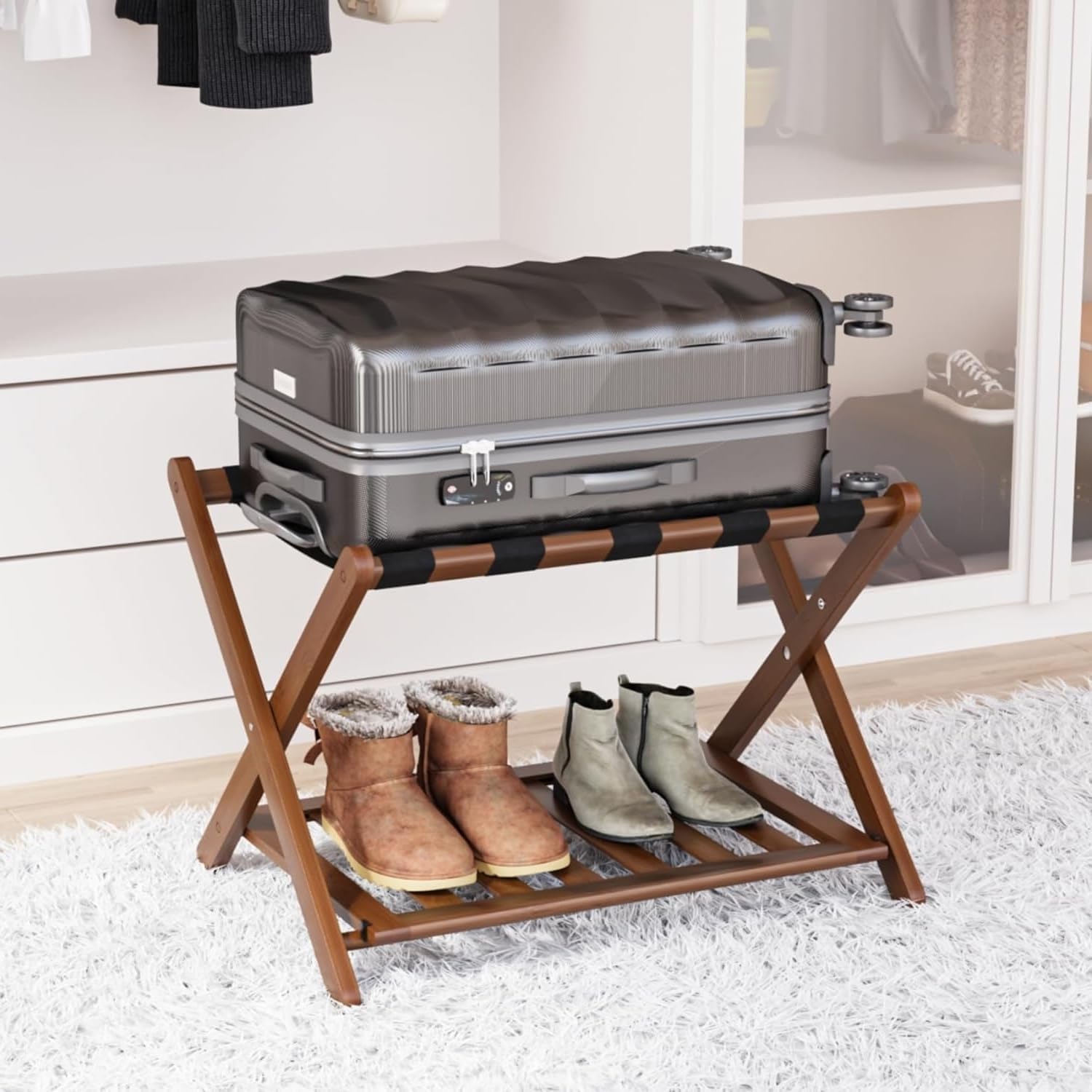 Fully Assembled Walnut Bamboo Luggage Racks with Storage Shelf, Folding Suitcase...