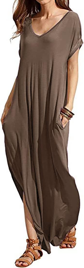 Match Women's V-Neck Casual Dress, Special Loose Short Sleeve Long T-Shirt Dress...