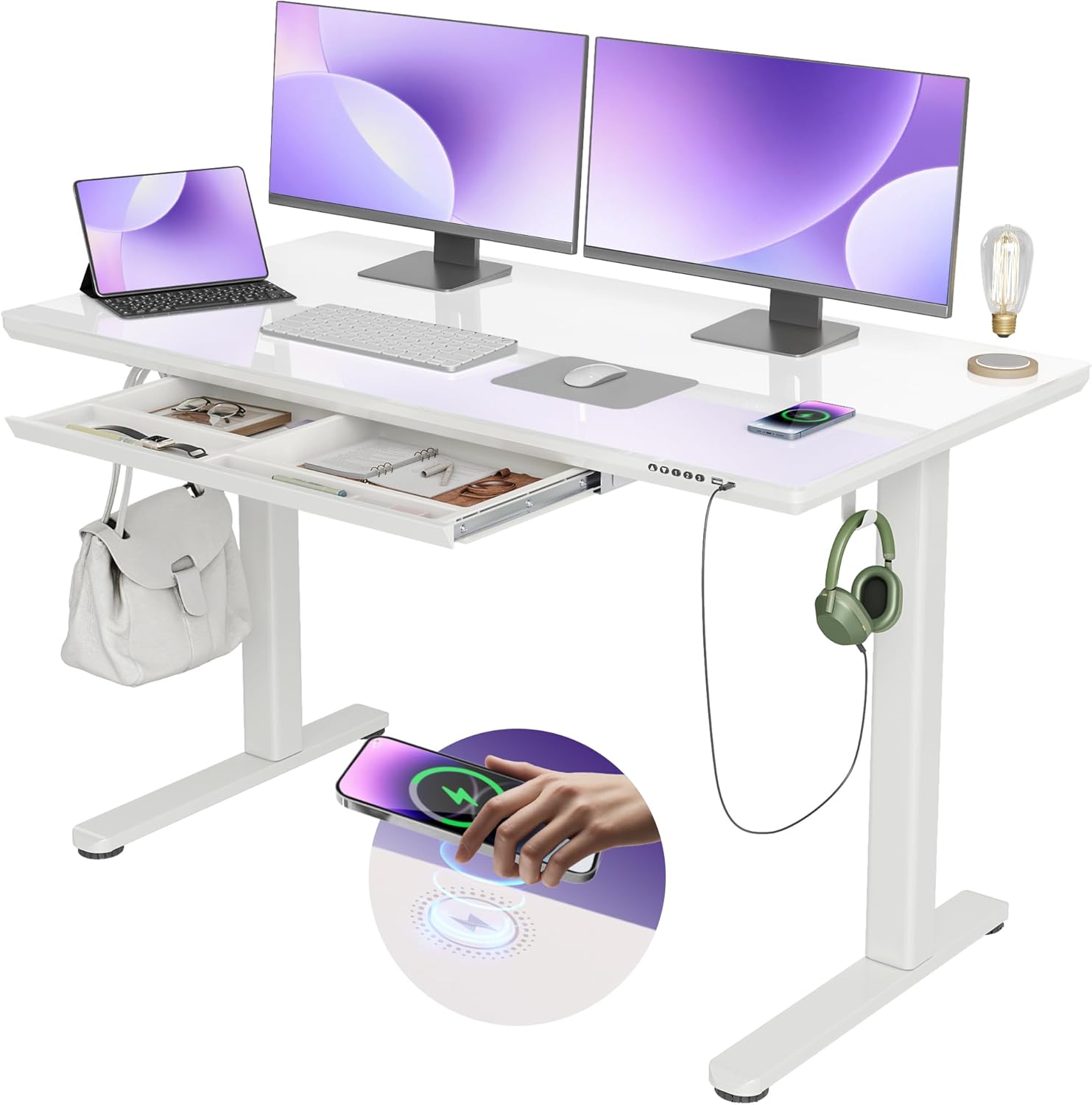 Wireless Charging Glass Standing Desk with Drawers, Adjustable Height Stand Up D...