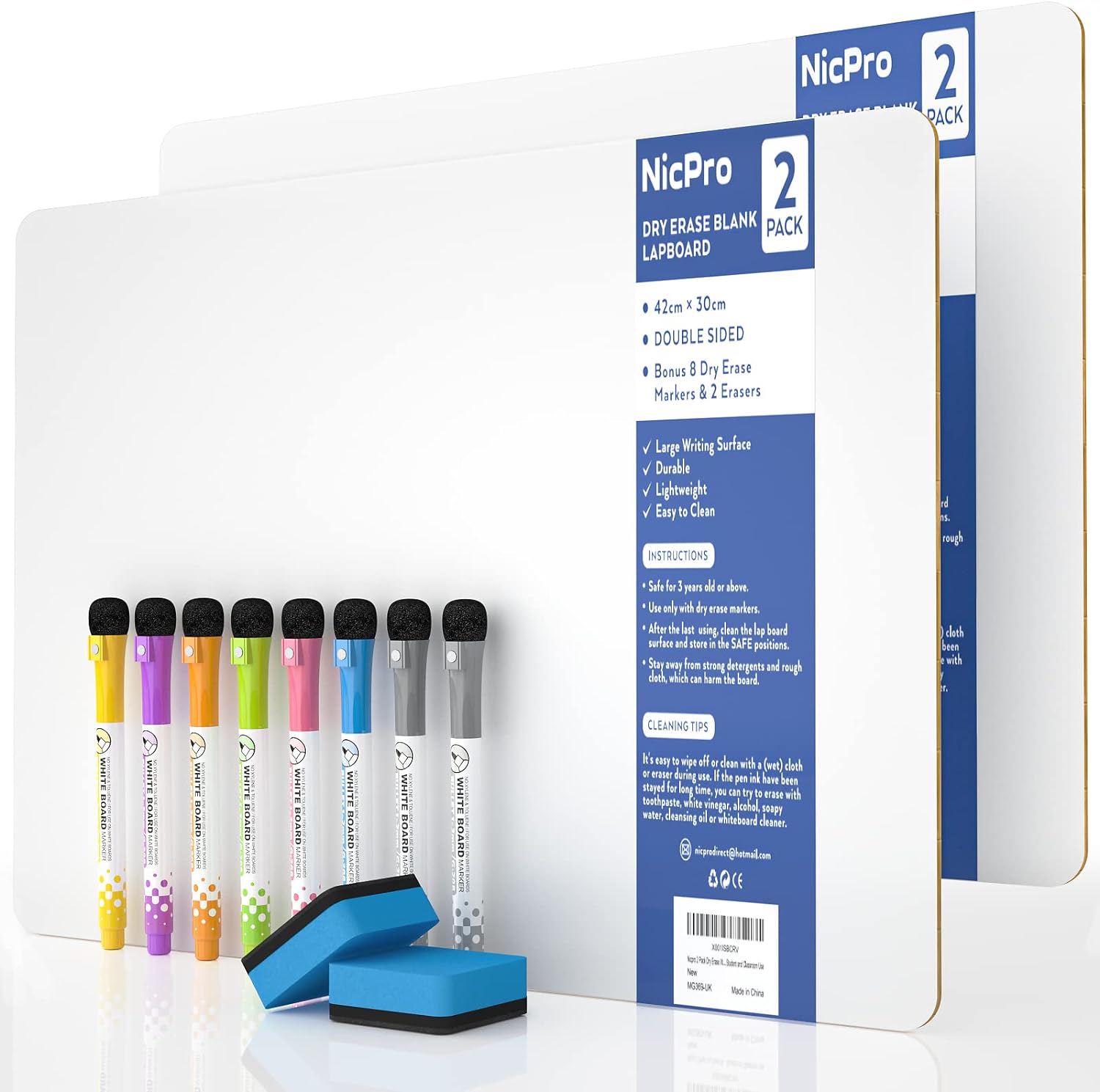 Nicpro 2 Pack Dry Erase Mini Whiteboard A3, 30 x 42 cm Double Sided Lapboard Bul...