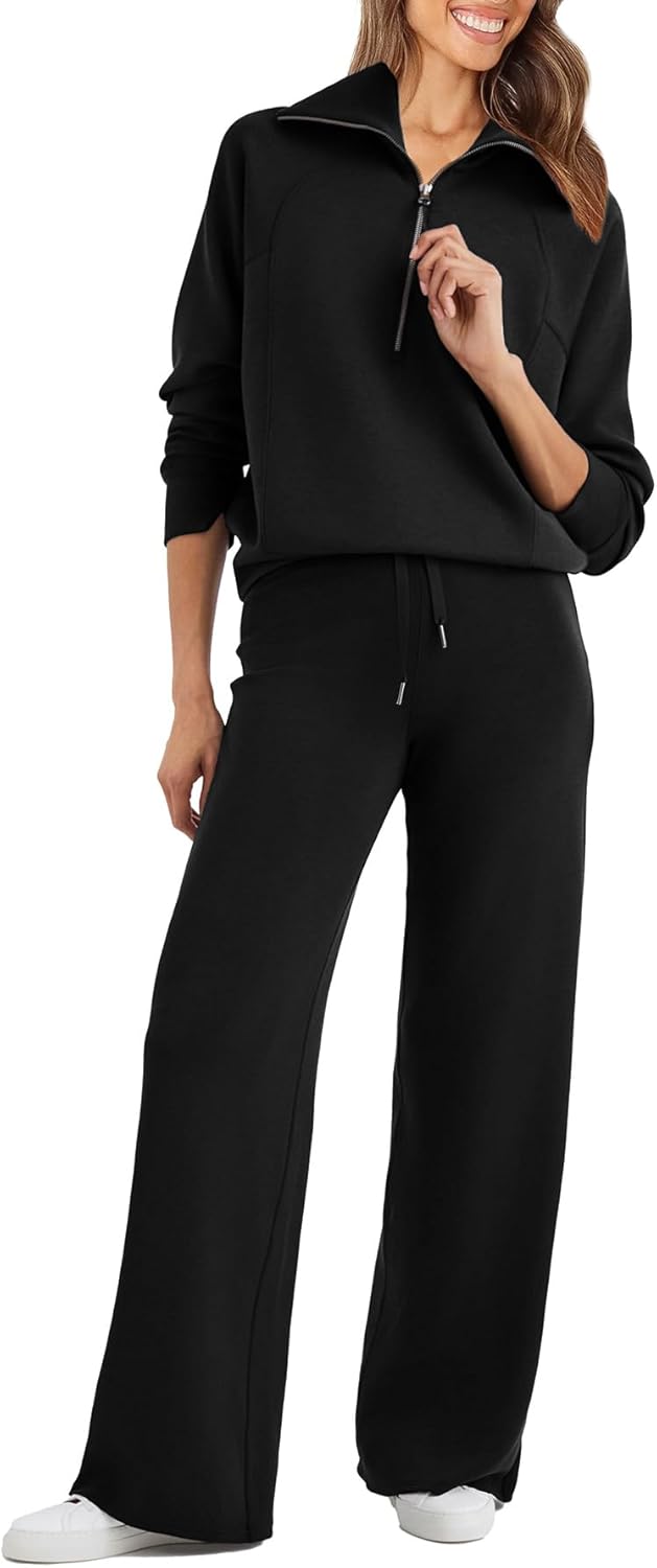 Glamaker Womens 2 Piece Outfits Sweatsuit Set Oversized Half Zip Sweatshirt Wide...