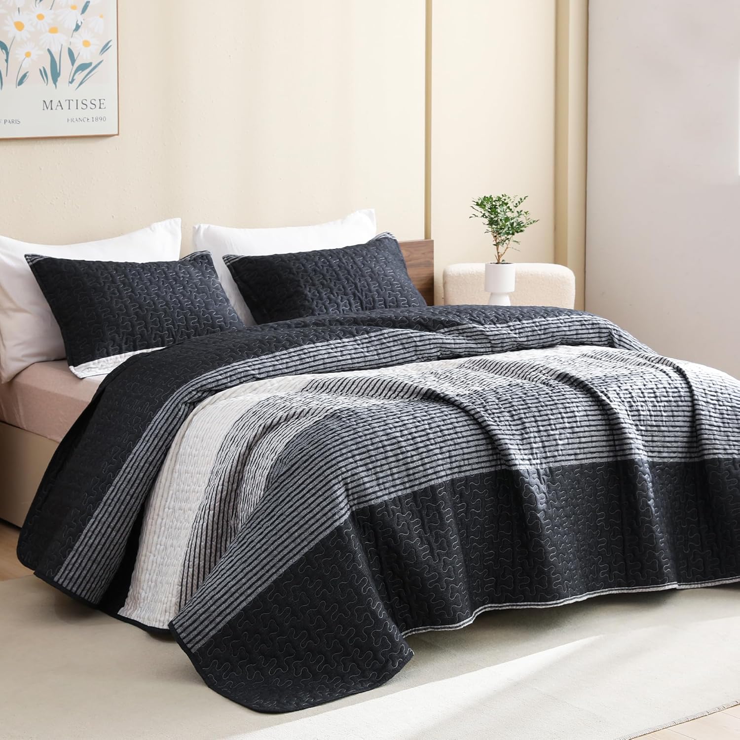 Litanika Quilt King Size Black, Grey and White, Grey Stripe Patchwork Summer Bed...