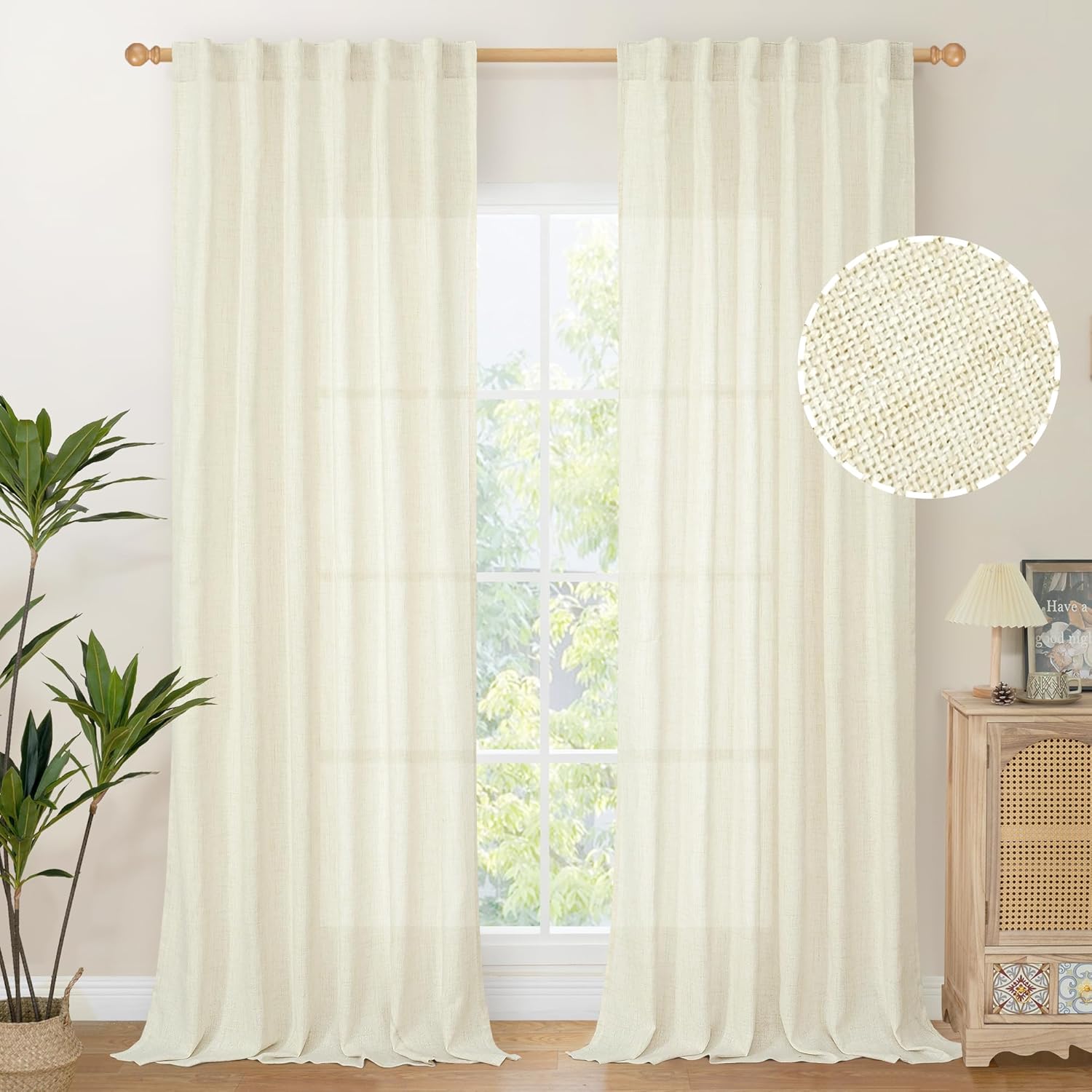 YoungsTex Cream Linen Curtains 95 Inch Length for Living Room Rod Pocket Texture...