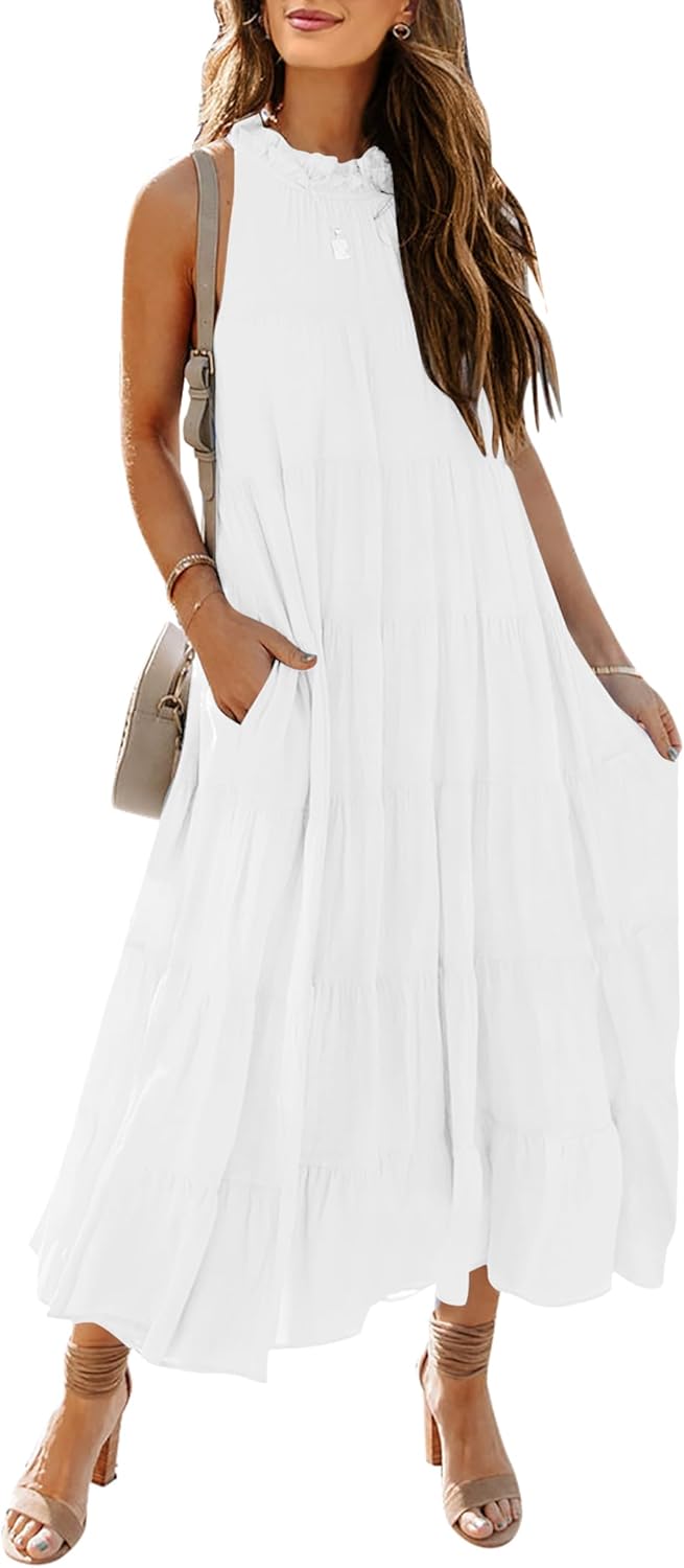 HAEOF Womens 2024 Summer Sleeveless Halter Maxi Dress Pleated Tiered Swing Beach...