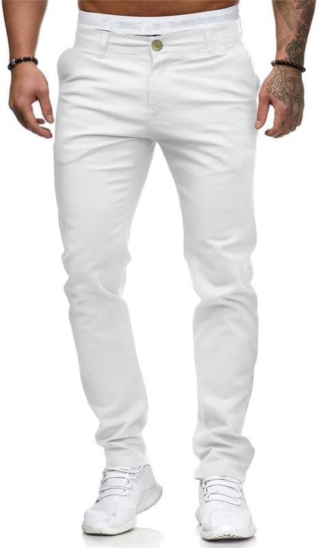 HUNGSON Mens Chinos Slim Fit Stretch Flat-Front Skinny Dress Pants 30W x 30L Whi...