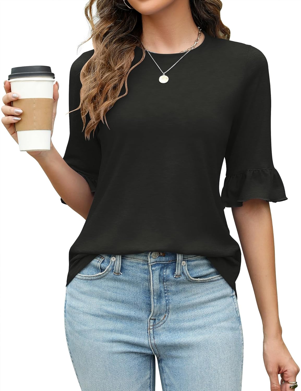 Rapbin Womens 3/4 Length Sleeve Tops Loose Fit Casual Crew Neck Shirts Ruffle Tu...