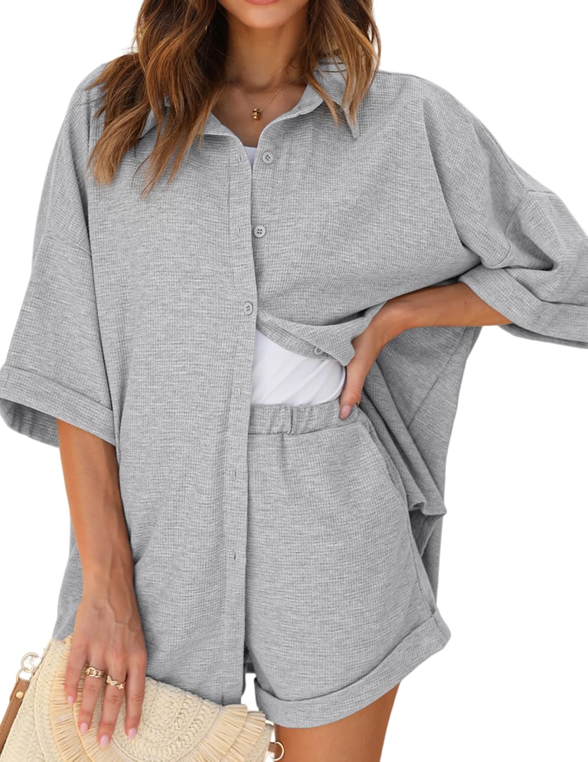 Ekouaer Waffle Knit Lounge Sets, Special Pajamas With Short Sleeve, Innovative B...
