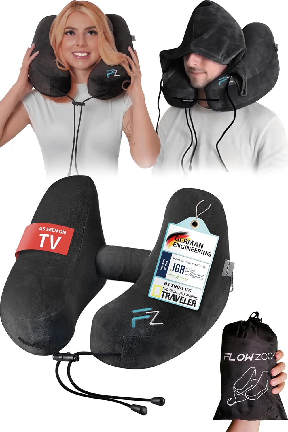 AIR Inflatable Travel Pillow - Hooded Neck Pillow Airplane - Travel Neck Pillow...