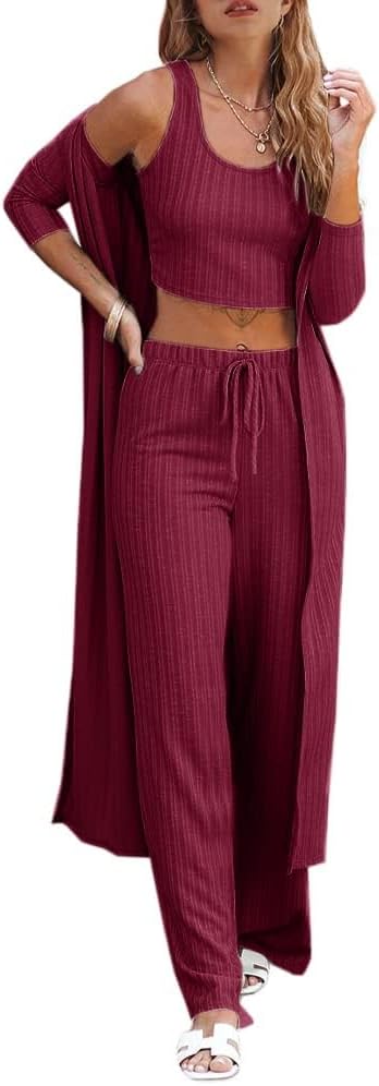 Fessceruna Womens 3 Piece Lounge Sets Pajamas Knit Long Sleeve Cardigan Crop Top...