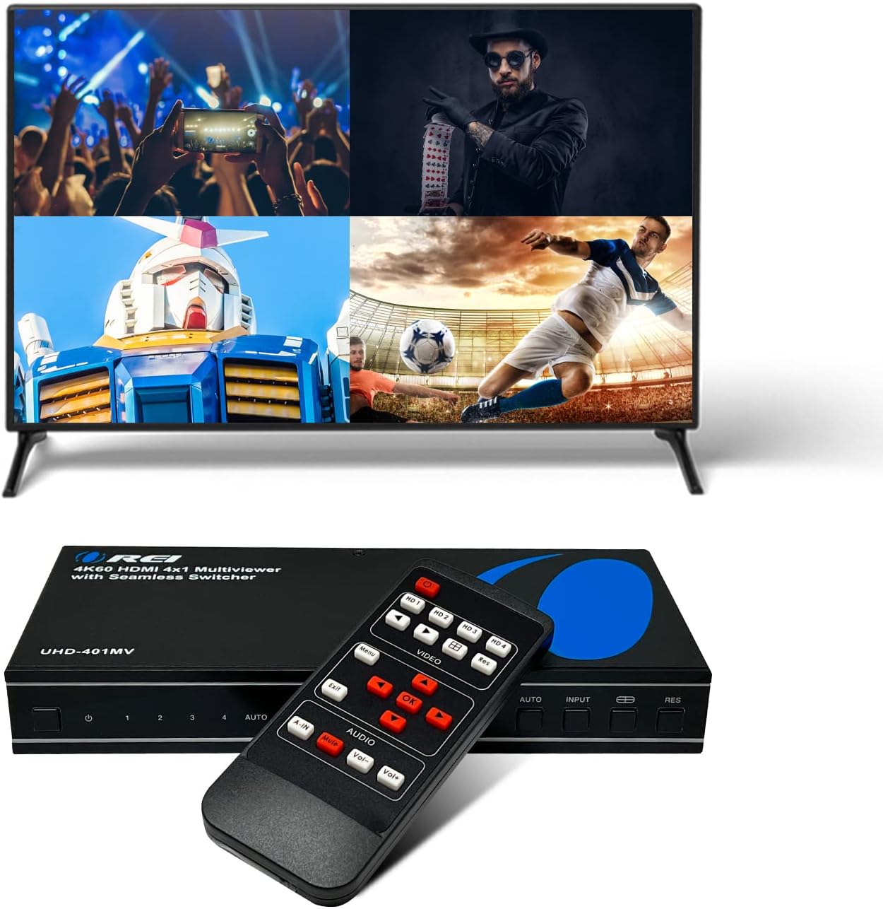 OREI 4K Multi HDMI Viewer Quad 4 in 1 Out, Switcher 4 Ports Seamless IR Remote S...