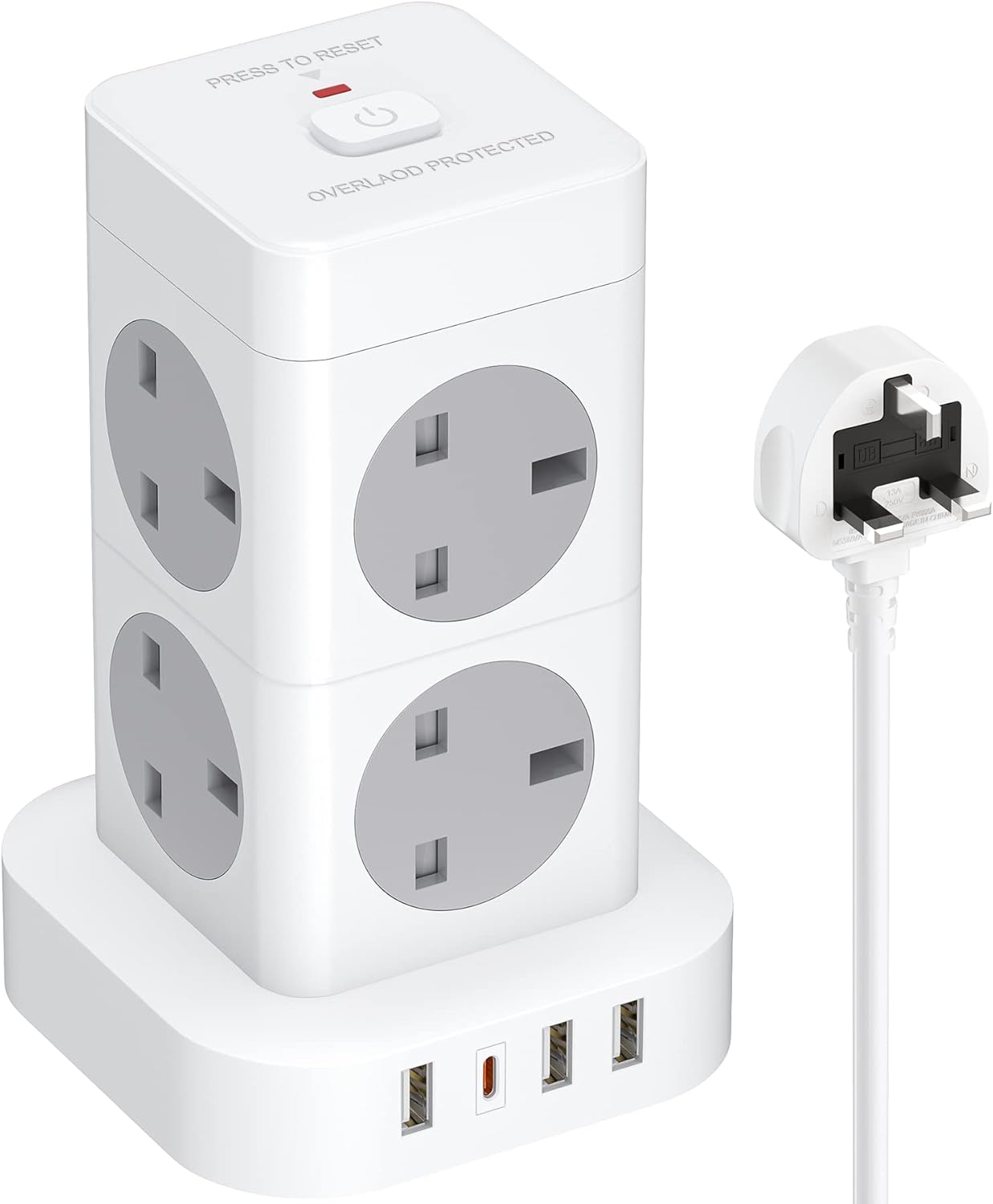 Hulker Tower Extension Lead with USB Slots 2M, 8 AC Outlets and 4 USB Ports Mult...