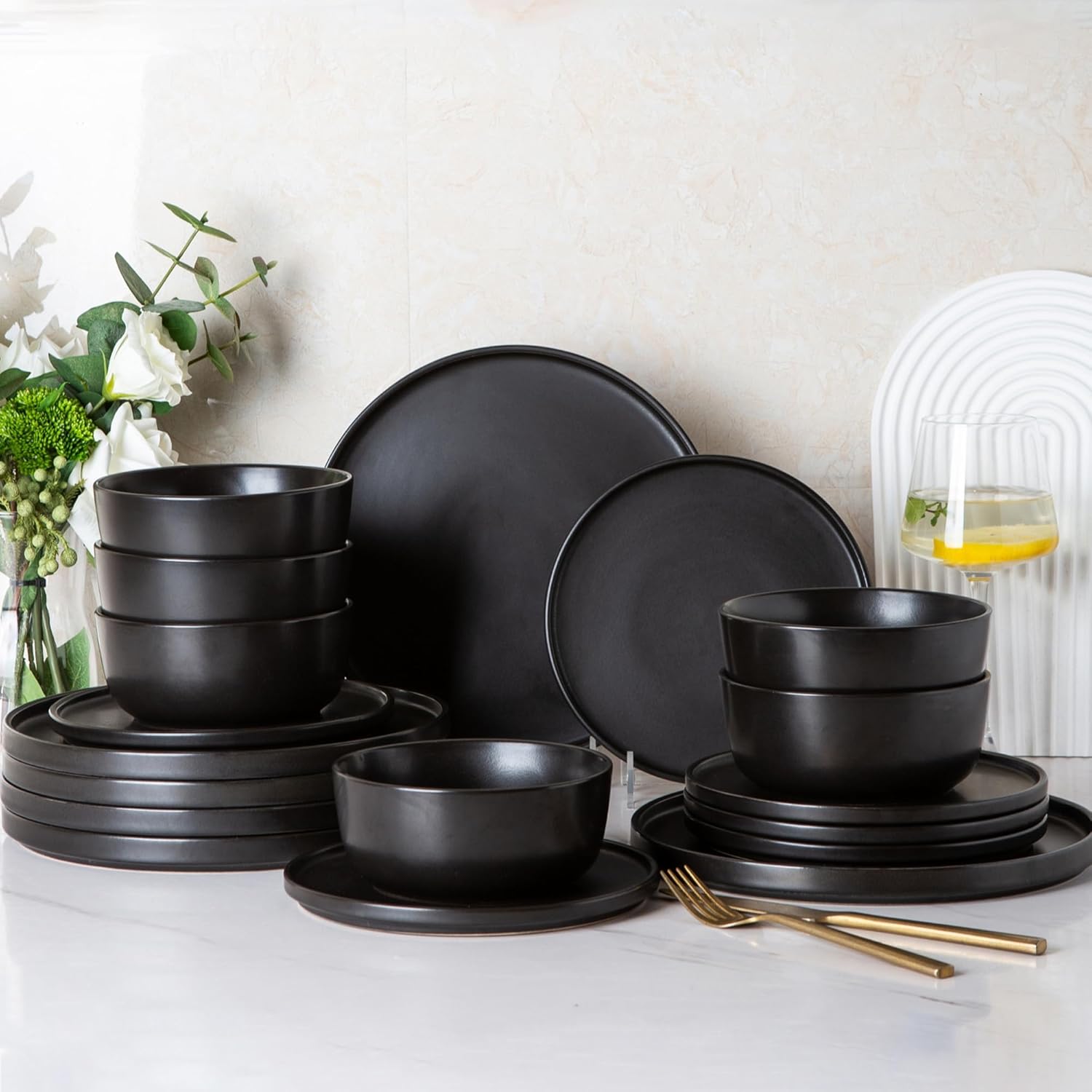 AmorArc Stoneware Dinnerware Sets of 6,Reactive Ceramic Plates and Bowls Set,Hig...