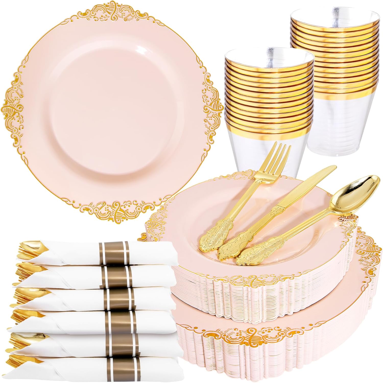 Nervure 175PCS Pink and Gold Plastic Plates - Disposable Pink Party Plates & Pre...