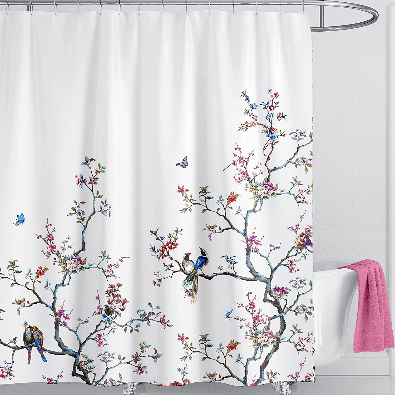 LIVETTY White Bird Extra Long Shower Curtain 180cm × 200cm Drop Floral Butterfly...