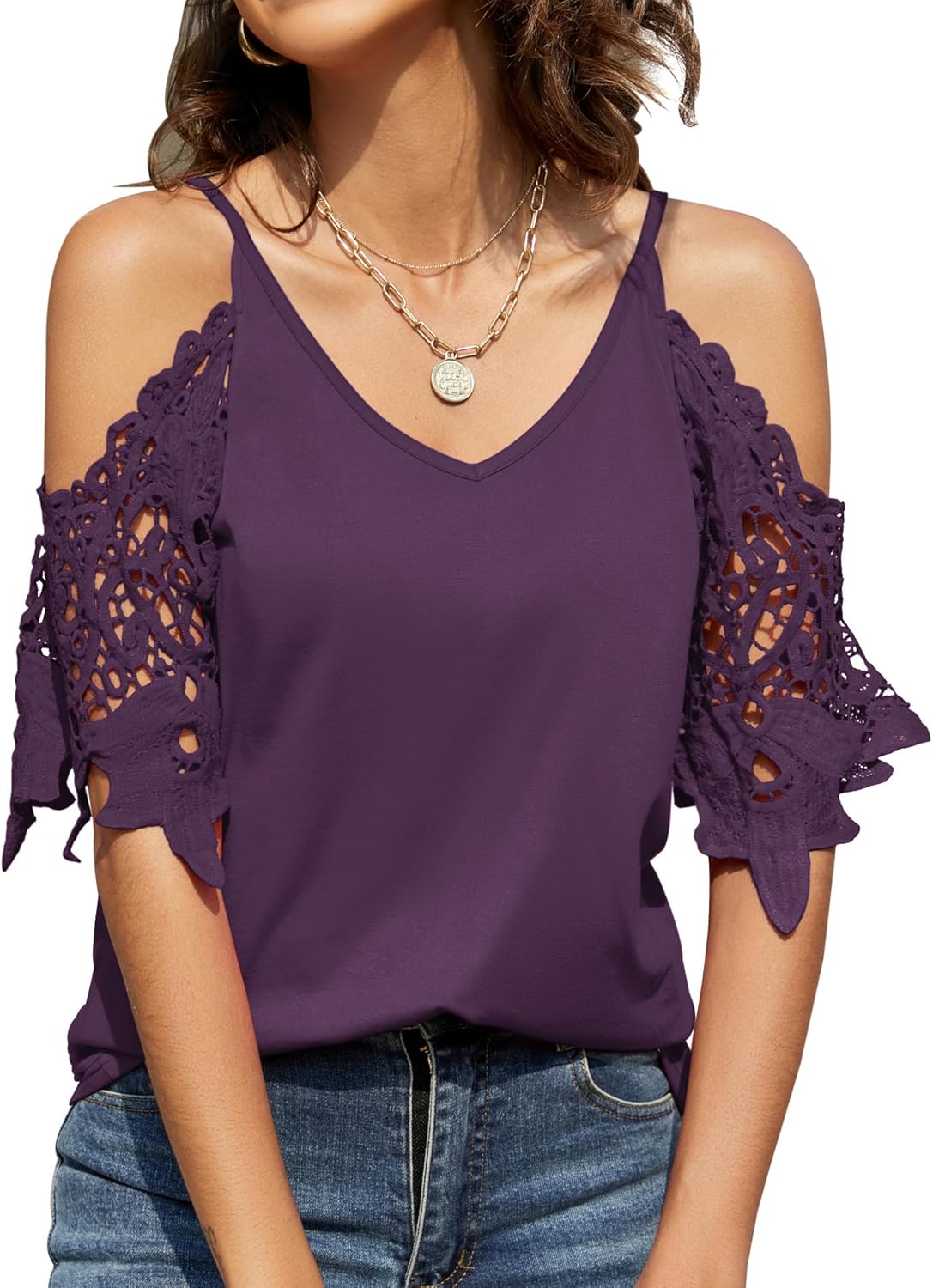 TFSDOD Womens Summer V Neck Cold Shoulder Tops T Shirts Cut Out Lace Short Sleev...