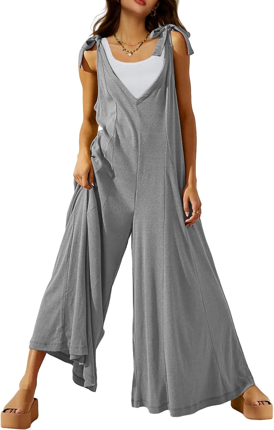 DEEP SELF Women's Summer Causal Jumpsuits Sleeveless Wide Leg Long Rompers V Nec...