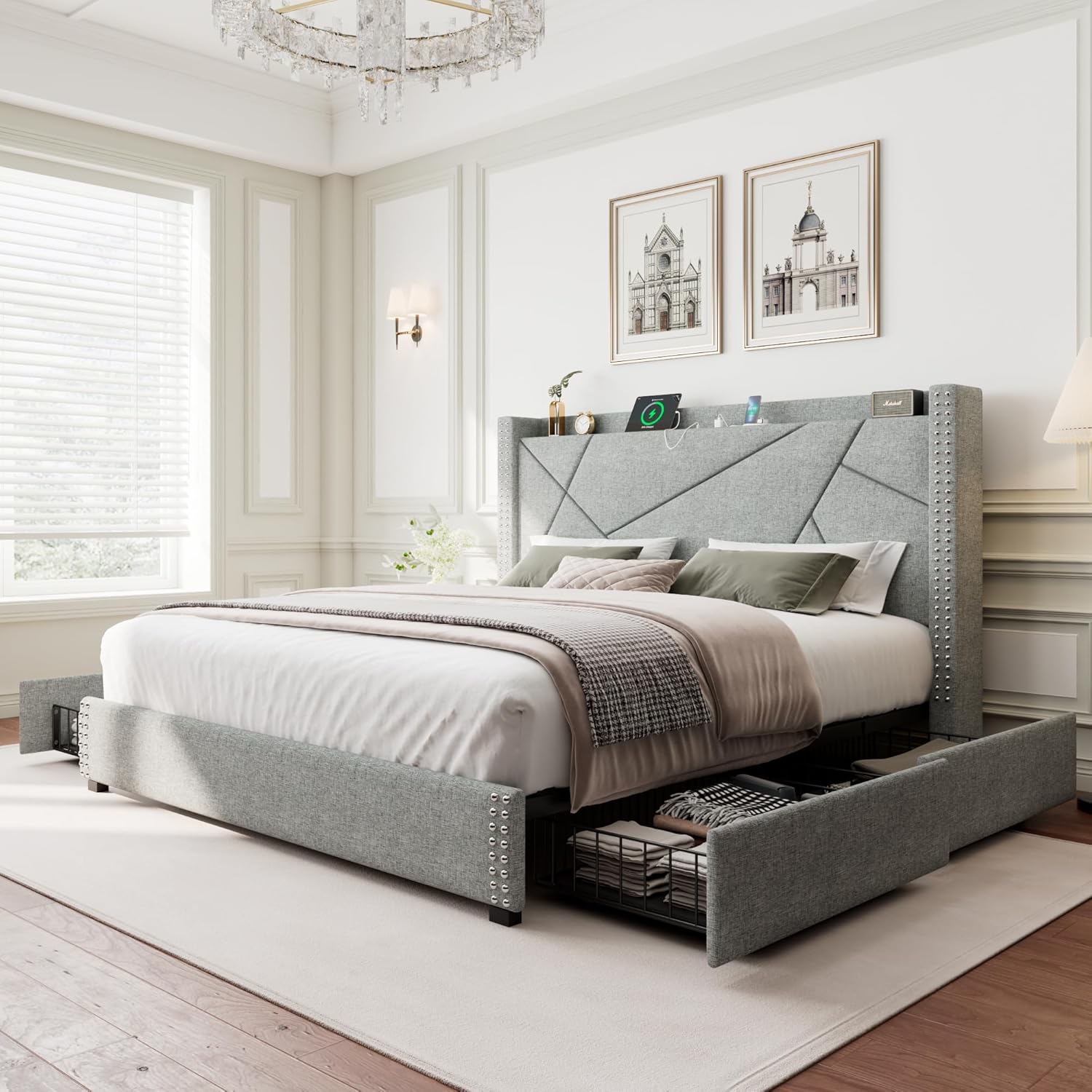 iPormis King Storage Bed Frame with 4 Drawers, Upholstered Bed Frame with Minima...