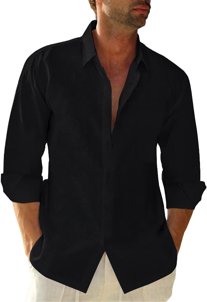 Button Down Linen Shirts for Men Casual Long Sleeve Regular Fit Cotton Beach Shi...