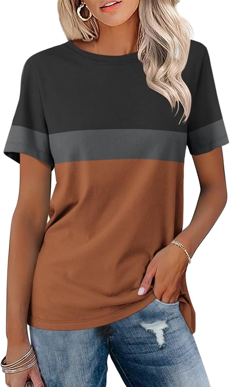 Minetom Women’s T Shirts, Special Color Block Short Sleeve Tops, Innovative Casu...
